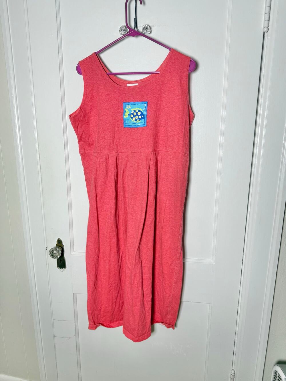 Vintage Y2K Tropical Escape Coral Red Midi Tank Fish Coastal Beach Dress MED